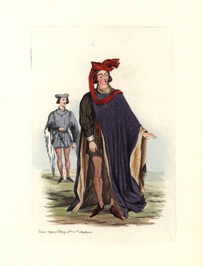 Typisch mannelijk kostuum tijdens de tijd van koning Hendrik IV en Hendrik V, illustratie uit 