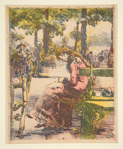 Jong meisje op een bank, aan het naaien door Charles Maurin