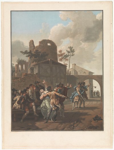 Vier genrevoorstellingen van dorpsleven door Charles Melchior Descourtis