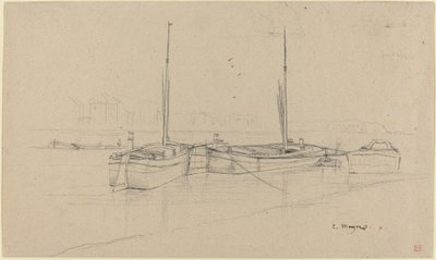 Boten op rivier met masten door Charles Meryon