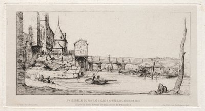 Voetbrug Tijdelijk Vervangend de Wisselbrug, Parijs, na de brand van 1621 door Charles Meryon