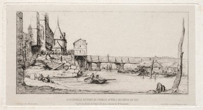 Voetgangersbrug Tijdelijk Vervangend de Wisselbrug, Parijs, na de brand van 1621 door Charles Meryon