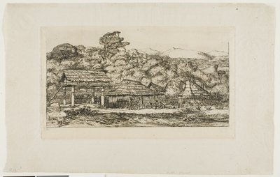 Inheemse schuren en hutten bij Akaroa, Banks