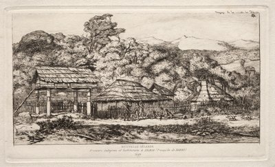 Inheemse schuren en hutten in Akaroa, Banks Peninsula, 1845, 1865 door Charles Meryon