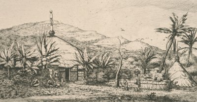 Nieuw-Caledonië, Nouvelle Calédonie: grote inheemse hut op het wandelpad naar Poepo, illustratie uit "Etching of the Pacific...", 1863 door Charles Meryon