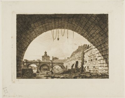 Pont-Neuf en de Samaritaine gezien van onder de eerste boog van de Pont-au-Change, Parijs door Charles Meryon