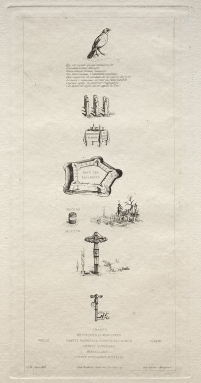 Rebus: Beranger was niet echt sterk want hij had nooit de sleutel tot de velden, 1863 door Charles Meryon
