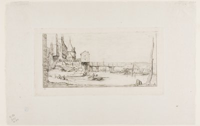 De voetbrug die tijdelijk de Pont-au-Change vervangt, Parijs, na de brand van 1621 door Charles Meryon