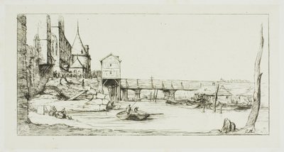 De Voetbrug die tijdelijk de Pont-au-Change vervangt, Parijs, na de brand van 1621 door Charles Meryon