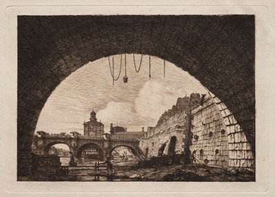 De Nieuwe Brug en de Samaritaine gezien van onder de Eerste Boog van de Wisselbrug, Parijs door Charles Meryon