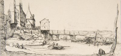 De voetgangersbrug die tijdelijk de Pont-au-Change vervangt, Parijs, na de brand van 1621 door Charles Meryon