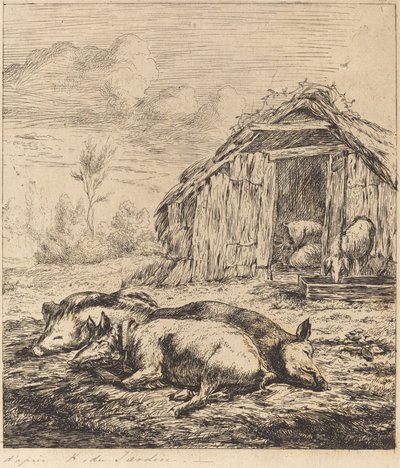 De drie varkens liggen voor een stal door Charles Meryon after Karel Dujardin
