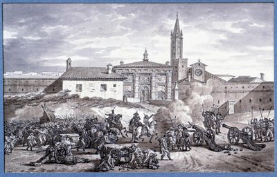 Campagnes van Italië: Napoleon Bonaparte (1769-1821) en maarschalk Augereau bij een deur van Verona in Italië met een kanon in 1796 door Charles Meynier
