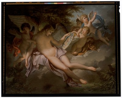 Cupido huilt om het verlies van Psyche, wiens portret hij in handen houdt door Charles Meynier