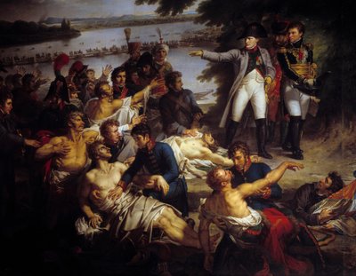 Napoleon keerde terug naar het eiland Lobau na de slag bij Essling op 23 mei door Charles Meynier