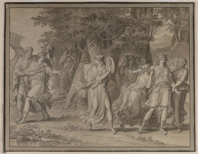Telemachus, aangespoord door Mentor, verlaat het eiland Calypso, 1800 door Charles Meynier
