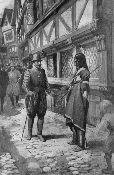Kapitein John Smith ontmoet een Rode Indiaanse vriend uit Virginia tijdens een wandeling door The Strand in Londen door Charles Mills (after) Sheldon