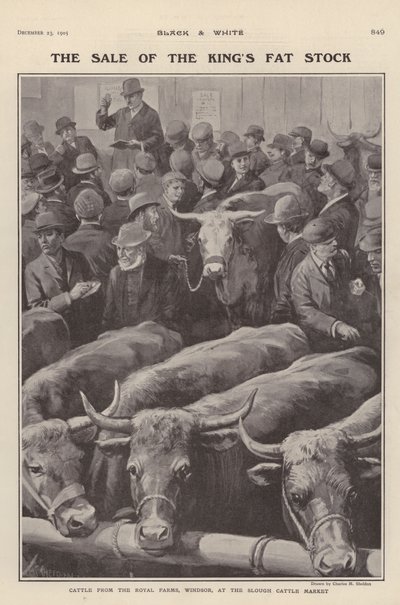Vee van de koninklijke boerderijen in Windsor te koop op de veemarkt van Slough, Berkshire door Charles Mills (after) Sheldon