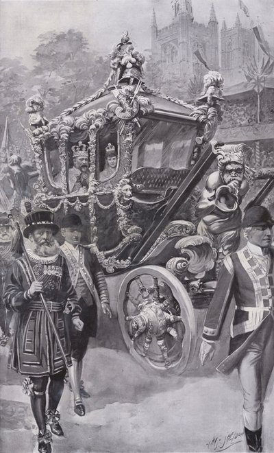 Koning Edward VII en koningin Alexandra in de staatskoets terugkerend van hun kroning in Westminster Abbey, Londen door Charles Mills (after) Sheldon