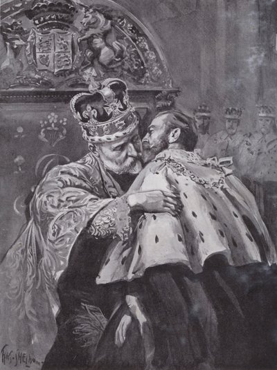 Koning Edward VII omhelst zijn zoon, de Prins van Wales, bij de kroning van de koning, Westminster Abbey, Londen door Charles Mills (after) Sheldon