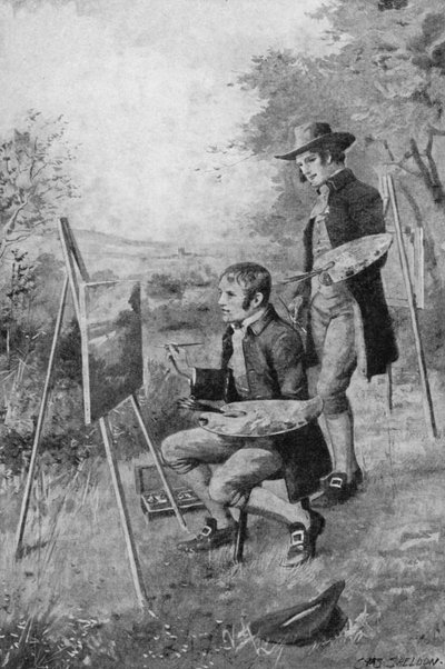 De dorpsloodgieter helpt een jonge John Constable een scène in Suffolk schilderen door Charles Mills (after) Sheldon