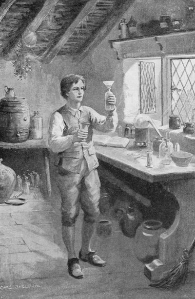 De jonge Humphry Davy doet zijn eerste experimenten (litho) door Charles Mills (after) Sheldon