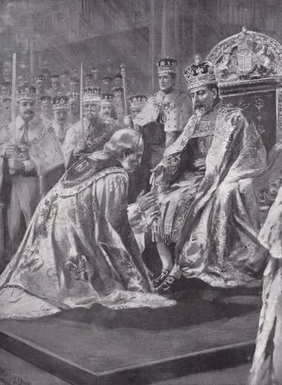 Hulde van de Aartsbisschop van Canterbury bij de kroning van Koning Edward VII, Westminster Abbey, Londen, 1902 door Charles Mills after Sheldon
