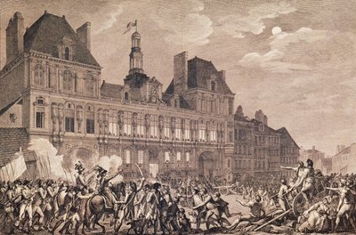 Robespierre, Saint-Just, Couthon en Hanriot zoeken toevlucht in het Hôtel de Ville in Parijs, 9 Thermidor Jaar II (27 juli 1794) door Charles Monnet