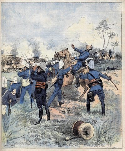 Commandant Faurax stierf in de slag bij Dogba op 19 september 1892 in Dahomey (nu Benin) na de aquarel van Morel uit 1892 door Charles Morel