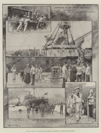 Marineactiviteit in de haven van Portsmouth, vertrek van het vliegende eskader (litho) door Charles Murray (after) Padday