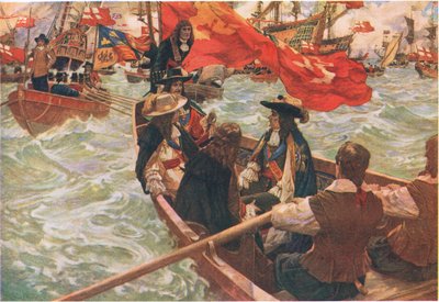 De thuiskomst van Charles II, uit Cassells History of the British People uitgegeven door de Waverley Book Company Limited, ca.1940 (kleurenlitho) door Charles Murray Padday