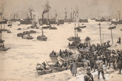 Japanse troepen landen in Korea in 1905. Tekening en gewassen (30.1x45.6 cm) door Charles M. Padday () , begin 20e eeuw. door Charles Murray Padday