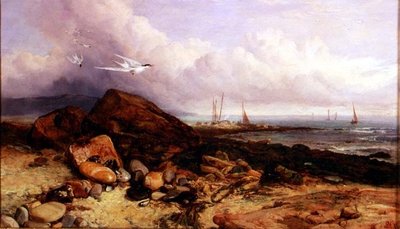 Kustscène met Vissersboot en Sterns door Charles Napier Hemy