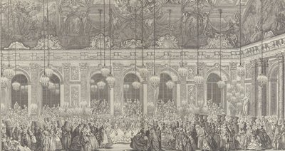 Decoratie voor een gemaskerd bal in Versailles, ter gelegenheid van ..., ca. 1860 herdruk van 1764 plaat door Charles Nicolas Cochin