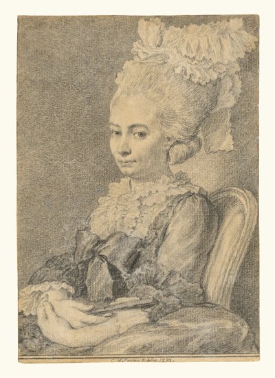 Portret van een jonge vrouw met een waaier door Charles Nicolas Cochin II