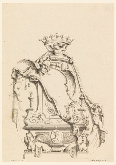 Ontwerp voor cartouche uit "Cartouches Nouvellement Inventez" door Charles Nicolas Cochin the younger