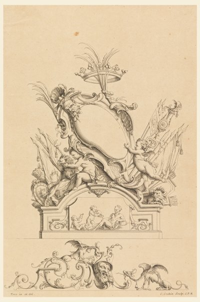 Ontwerp voor cartouche met kroon, twee putti die Bacchus dienen, en twee leeuwen uit 