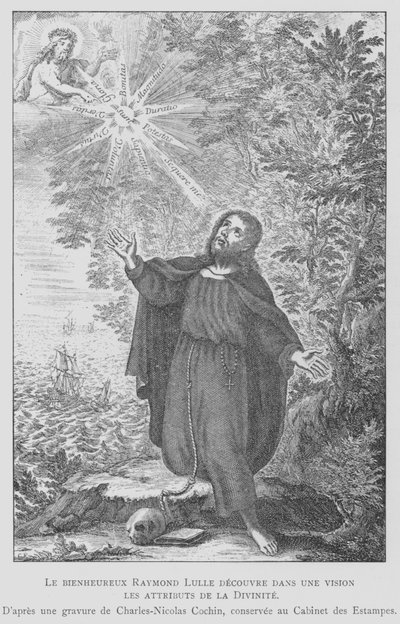 Spaanse filosoof Ramon Llull ontdekt de eigenschappen van de goddelijkheid in een visioen door Charles Nicolas II (after) Cochin