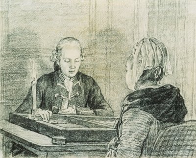 Een Zittend Koppel, de Dame van Achteren Gezien, die Backgammon Speelt bij Kaarslicht door Charles Nicolas II Cochin