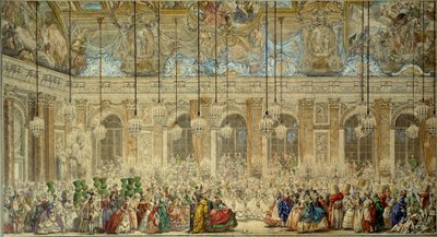 Bal masqué of bal van de Ifs voor het huwelijk van Lodewijk Dauphin van Frankrijk (1729-1765) met Marie Thérèse van Spanje in de Spiegelzaal in Versailles in februari 1745 Tekening in pen en inkt door Charles Nicolas Cochin le Jeune (1715-1790) door Charles Nicolas II Cochin