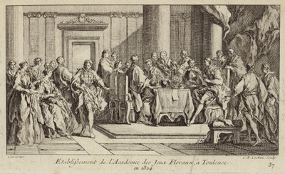 Oprichting van de Academie des Jeux Floraux, de oudste literaire vereniging in de westerse wereld, Toulouse, Frankrijk door Charles Nicolas II Cochin