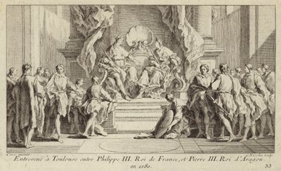 Ontmoeting in Toulouse tussen koning Filips III van Frankrijk en koning Peter III van Aragon door Charles Nicolas II Cochin