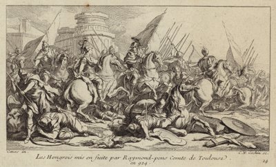 Het Hongaarse leger op de vlucht gejaagd door Raymond Pons, Graaf van Toulouse, 924 (gravure) door Charles Nicolas II Cochin