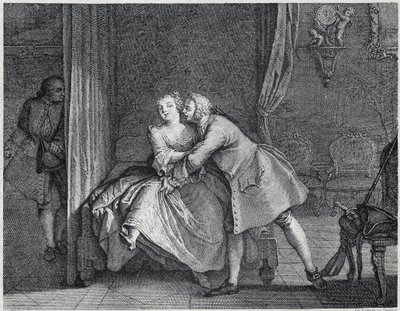 De oorwerkmaker en de malrek illustratie voor Les contes de La Fontaine, circa 1743. Gravure door Charles-Nicolas Cochin door Charles Nicolas II Cochin