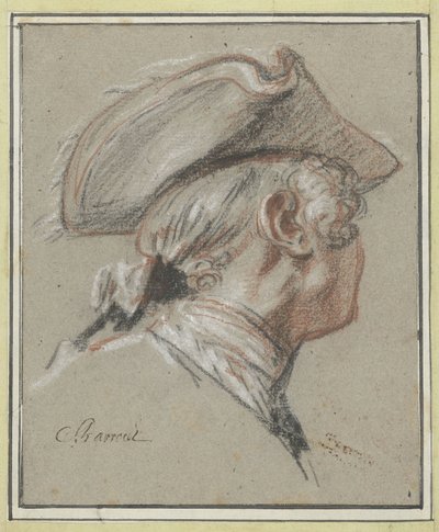 Studiekop, bepruikt en met tricorne door Charles Parrocel