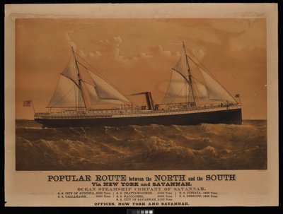Populaire route tussen het noorden en het zuiden via New York en Savannah, Ocean Steamship Company of Savannah... City of Augusta... door Charles Parsons