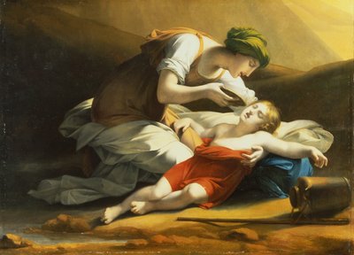 Hagar geeft Ismaël water uit de wonderbaarlijke bron in de woestijn door Charles Paul Landon