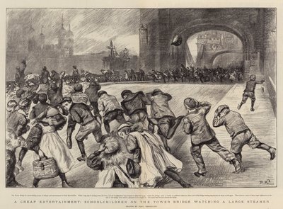 Een Goedkope Amusement, Schoolkinderen op de Tower Bridge kijken naar een Grote Stoomboot door Charles Paul Renouard