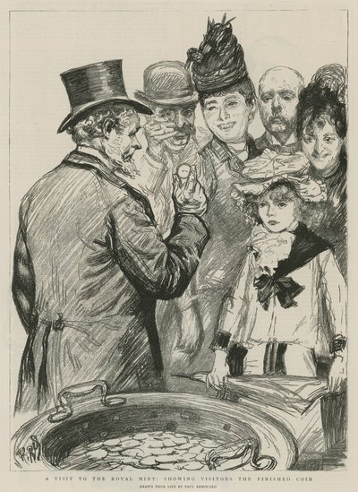 Een bezoek aan de Koninklijke Munt; bezoekers de afgewerkte munt tonen door Charles Paul Renouard