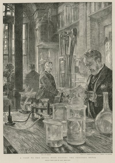 Een bezoek aan de Koninklijke Munt; het testen van het edelmetaal (gravure) door Charles Paul Renouard